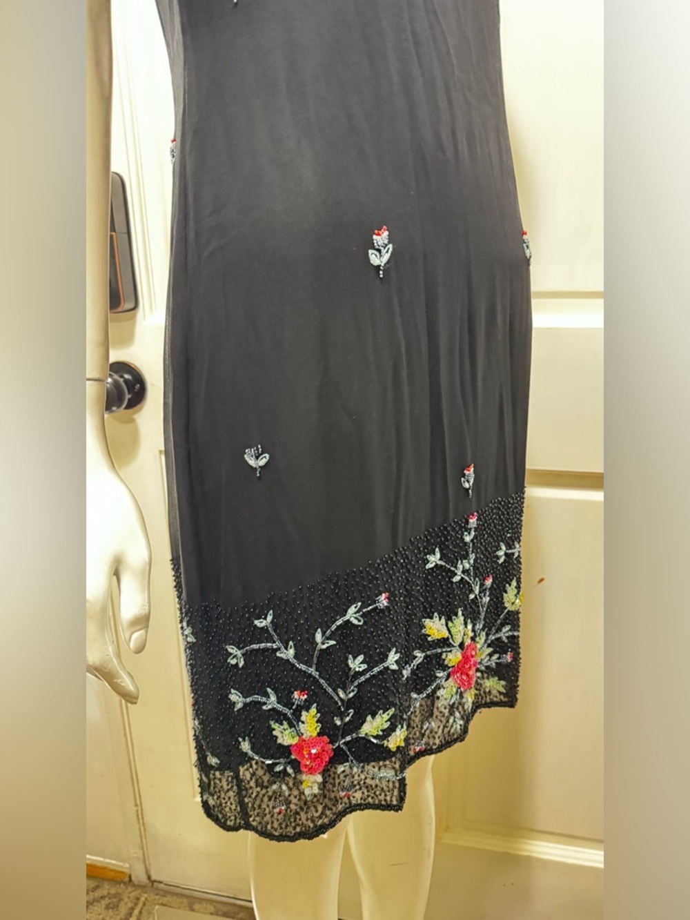 Vintage CACHE Black Midi Slip FORMAL Pink Floral Embroidery dress Sz 8 A - Picture 6 of 11